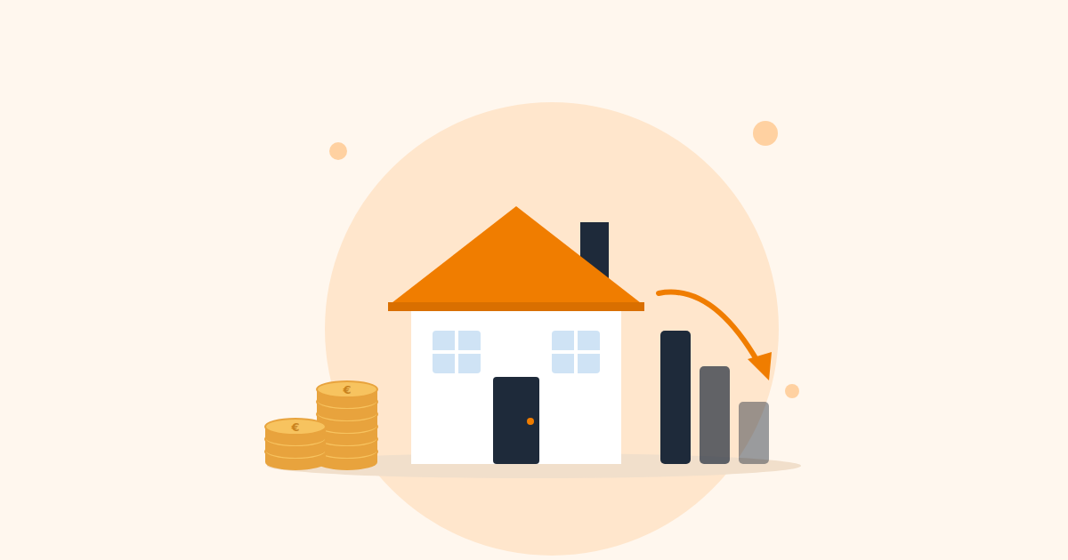 Illustratie van een huis met een stapel munten en een dalende grafiek, als symbool voor extra aflossen op je hypotheek